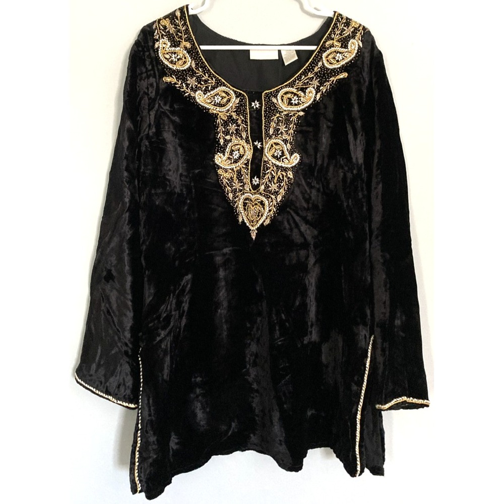 Soft Surroundings Shirt Womens 1X Black Velvet Beaded Paisley Tunic Top Boho